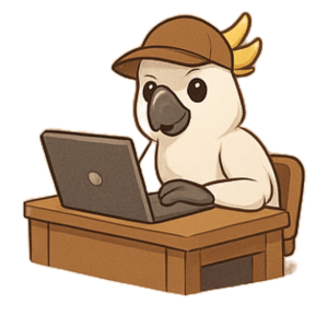 Cartoon cockatoo customer support mascot in brown cap using laptop at wooden desk with headset.