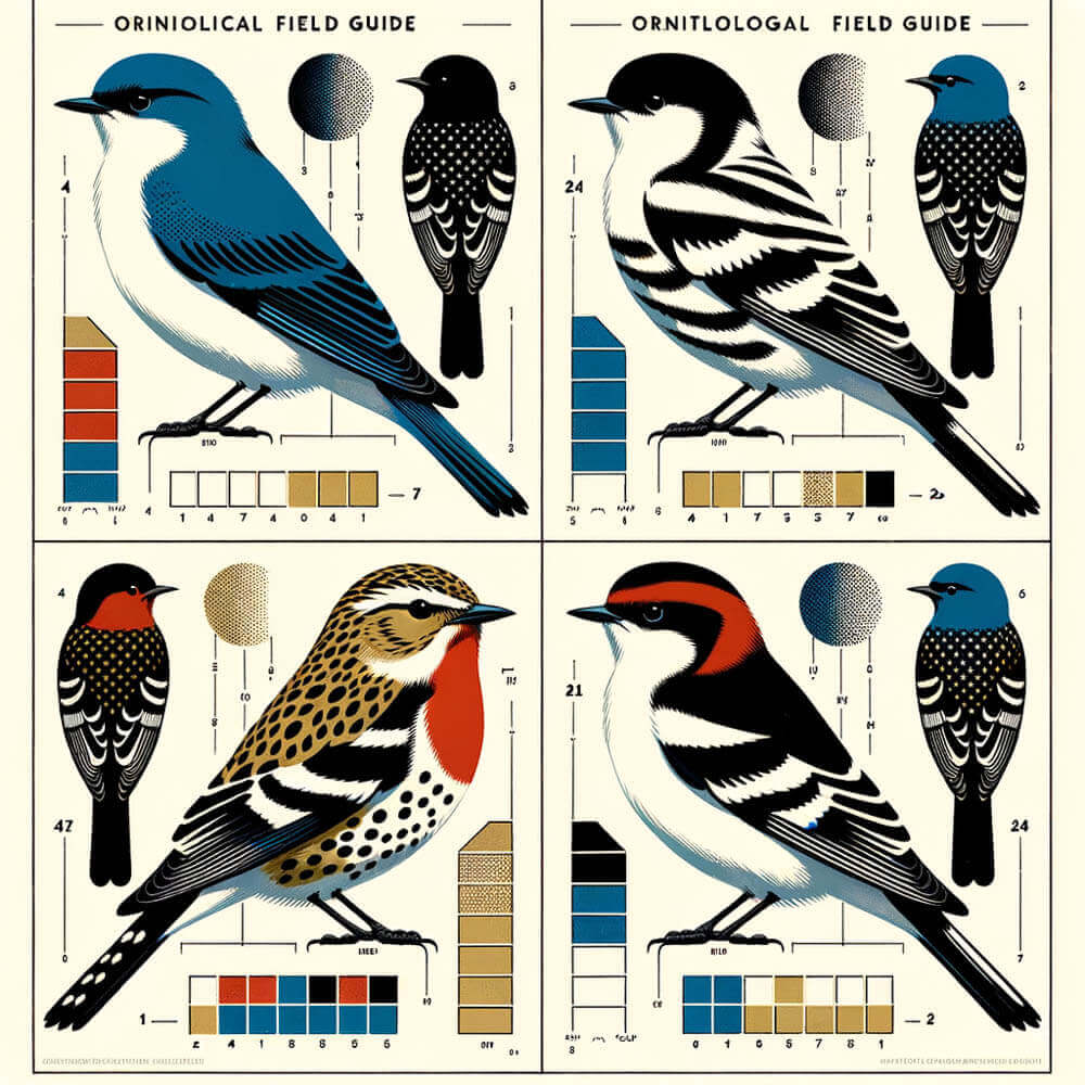 Ornithological Field Guide Illustration – Stylized Bird Comparison with Color Profiles