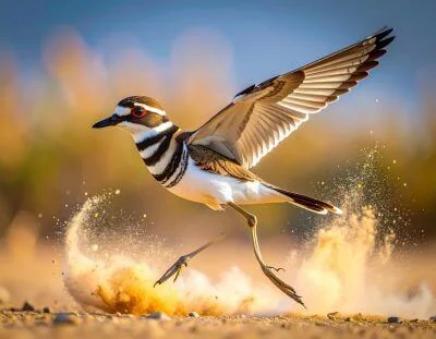 Killdeer bird running across sandy ground with wings spread and dust flying.
