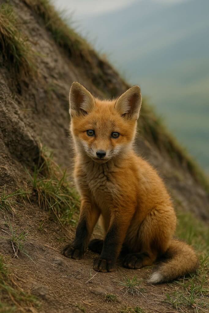 AI Image – Baby Fox Sitting on Grassy Hillside in Natural Habitat