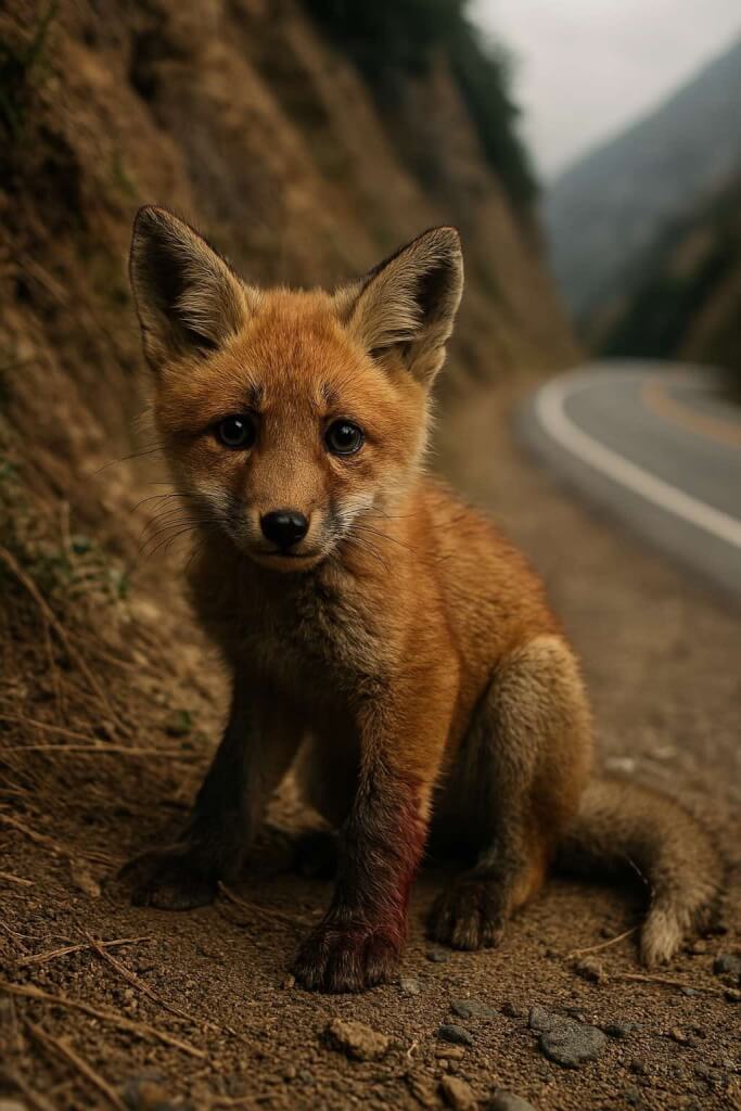 AI Image — Injured Baby Fox Sitting Beside Winding Mountain Road