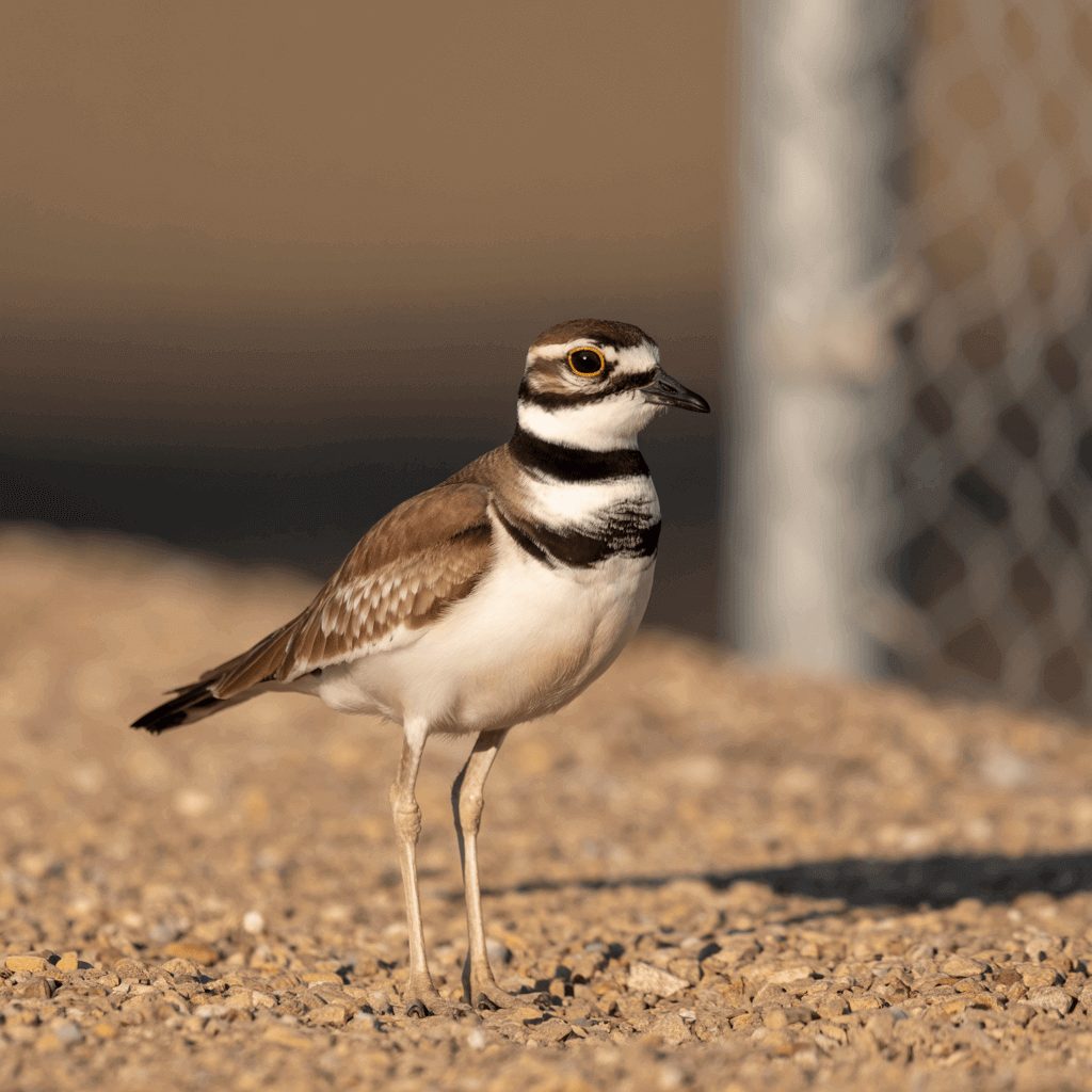 Killdeer bird standing on gravel with brown wings, white belly, and distinct black neck bands.