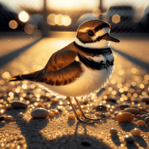 Killdeer bird standing on gravel in warm golden light with blurred background