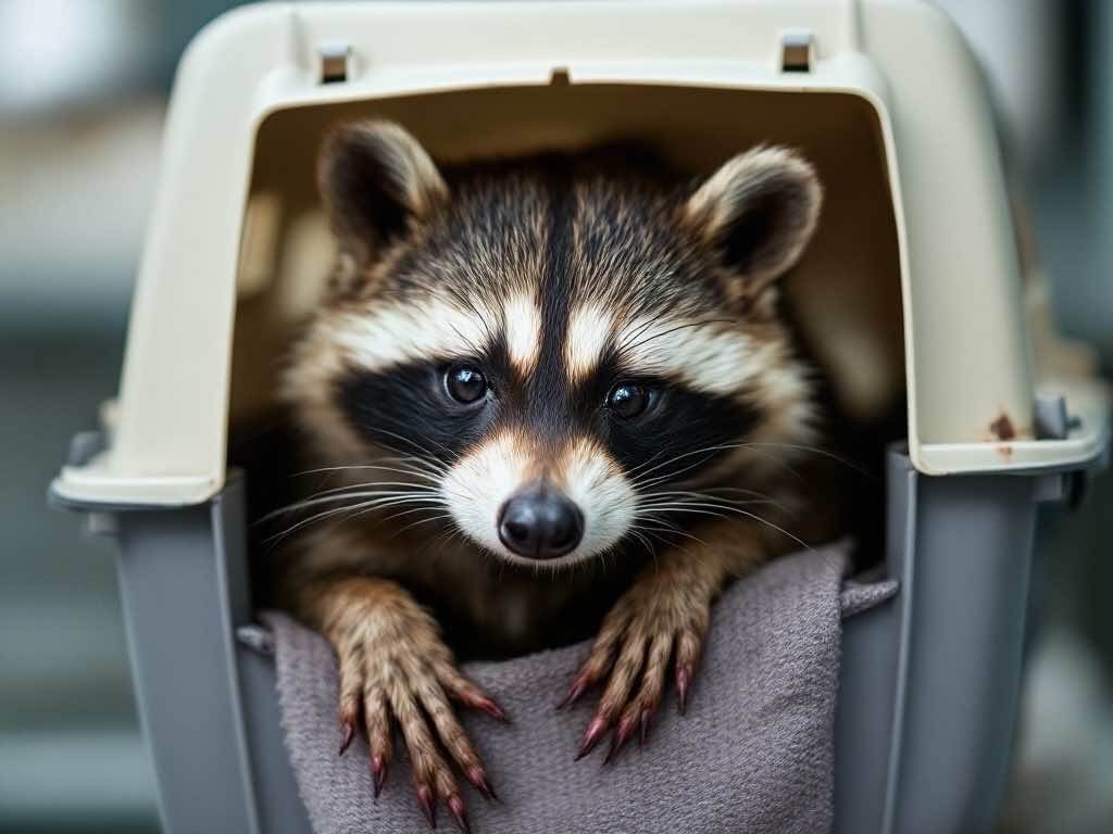 Cute raccoon peeking out from the open door of a pet carrier, symbolizing a moment of rescue and recovery in a wildlife rehabilitation setting