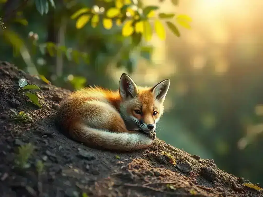 Side profile of a baby fox with golden fur and soft lighting, highlighting its expressive eyes after a wildlife rescue