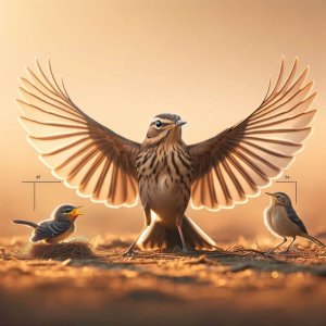 Mother Bird Protecting Two Chicks of Different Ages at Sunrise