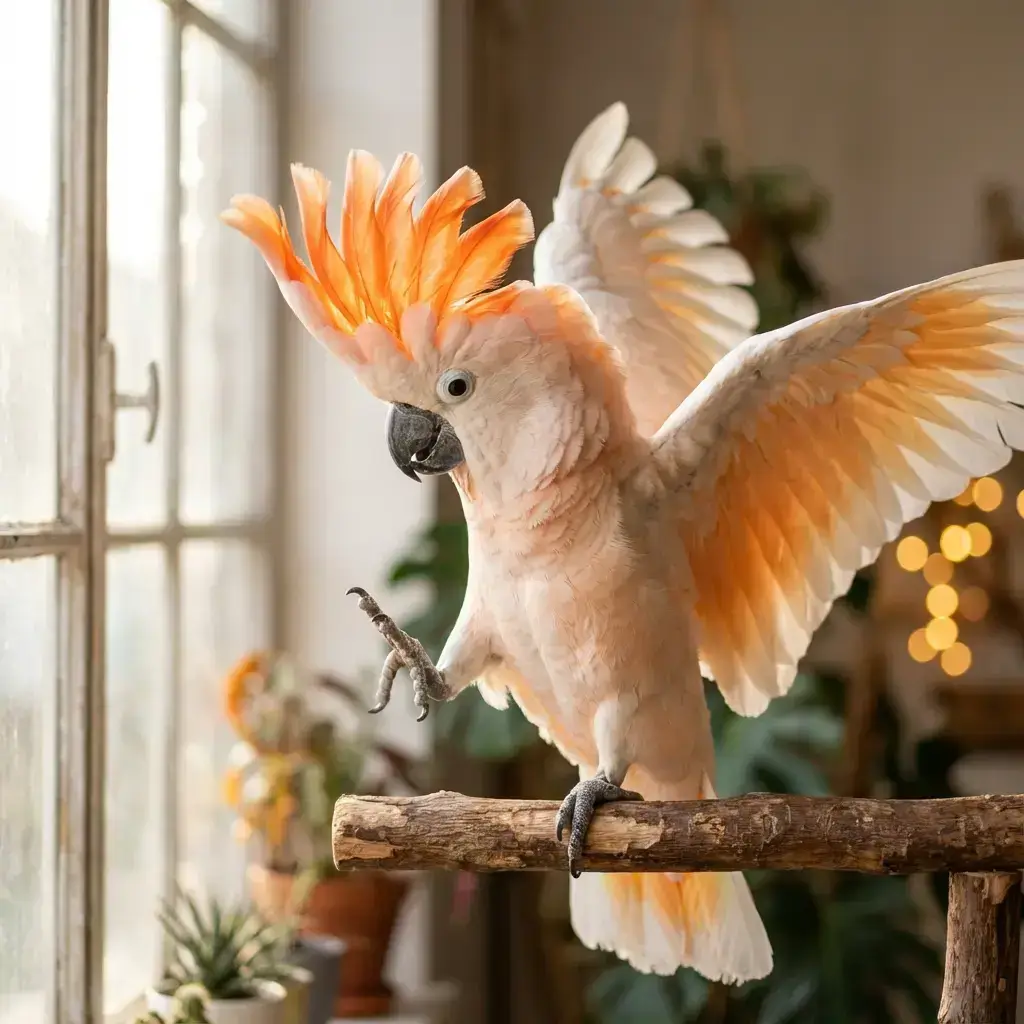Kiki the Moluccan Cockatoo - Beak of Chaos Moluccan cockatoo named Kiki with orange crest raised and wings spread while balancing on a perch indoors.