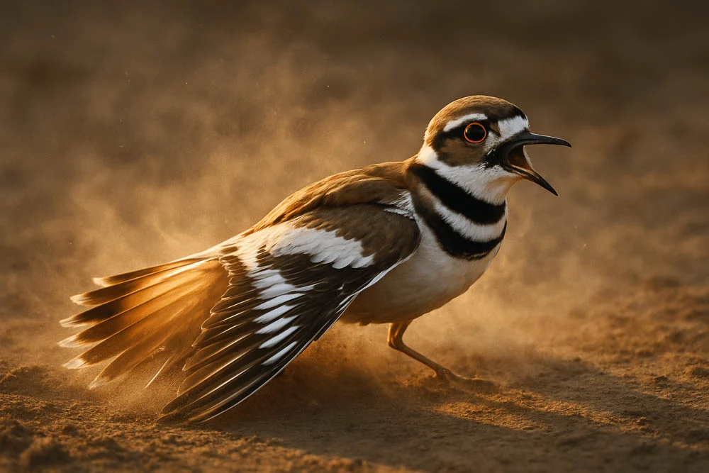 Killdeer Bird Performing Broken-Wing Display on Sandy Ground