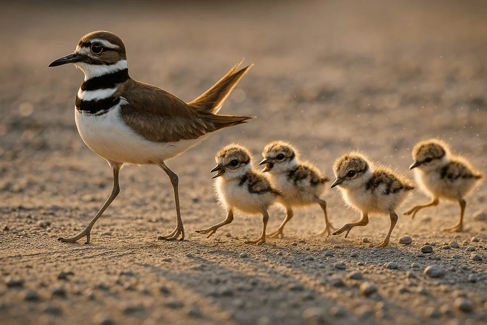 Killdeer Parent Leading Chicks Across Gravel in Evening Light