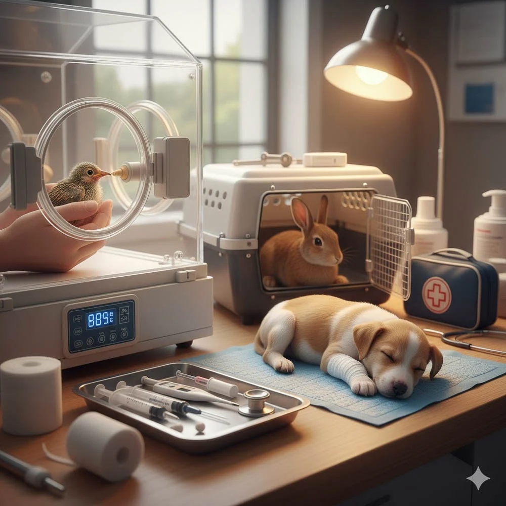 Animal Recovery and First Aid Scene with Veterinary Supplies