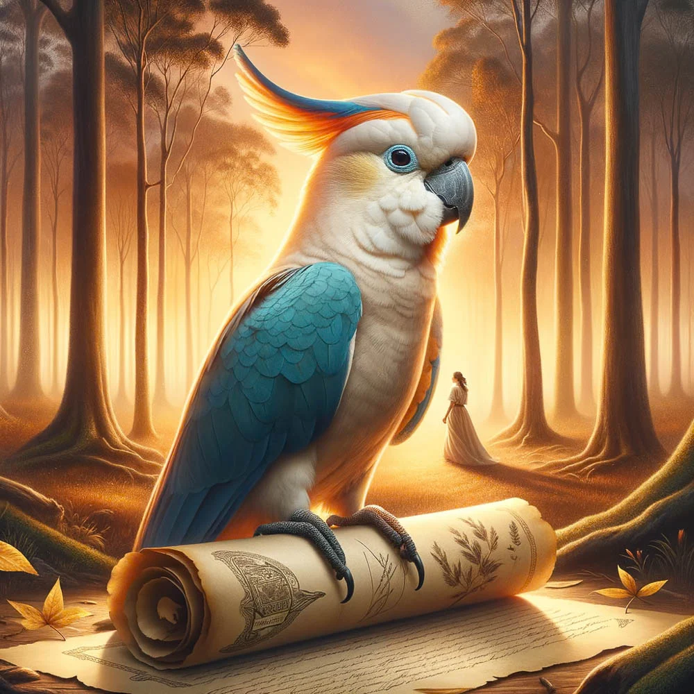 Blue Cockatoo & Scroll – Symbolic Wildlife Protection in a Forest of Light Blue Cockatoo & Scroll – Symbolic Wildlife Protection in a Forest of Light