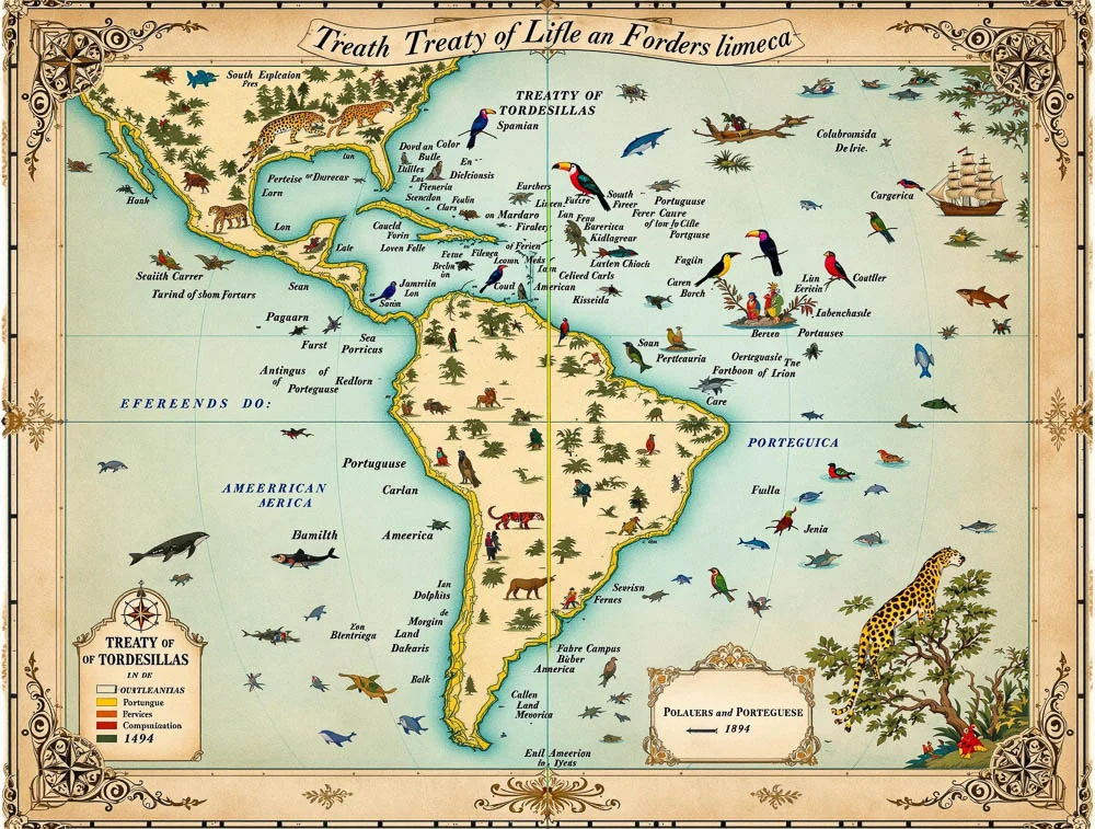 Treaty of Tordesillas 1494 – Illustrated Wildlife Map of the New World and Beyond Treaty of Tordesillas 1494 – Illustrated Wildlife Map of the New World and Beyond