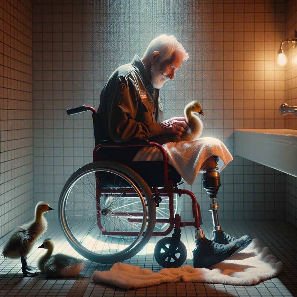 Veteran Comforts Rescued Goslings After Shower Veteran Comforts Rescued Goslings After Shower