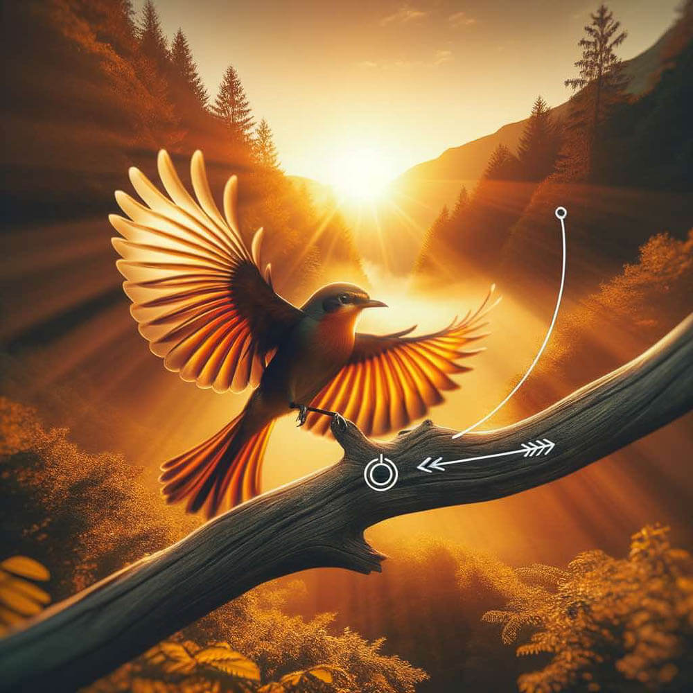 Radiant Bird Launches from Branch at Sunrise Over Forest Valley