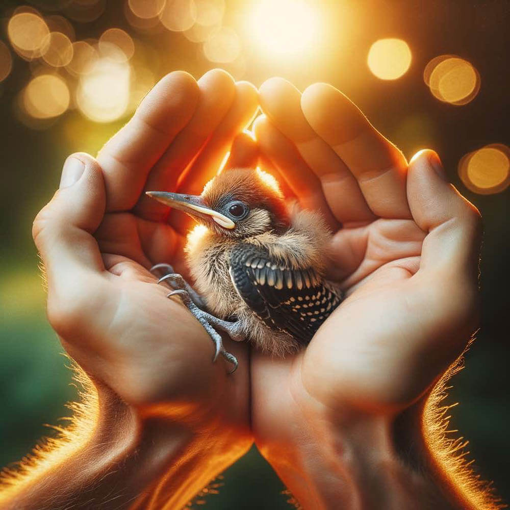 Rescued Baby Bird Cradled in Hands at Sunset