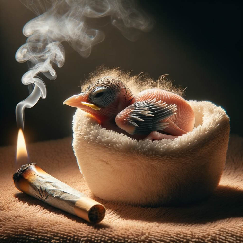 Newborn Baby Bird in Fleece Nest with Smoke in Background Newborn Baby Bird in Fleece Nest with Smoke in Background