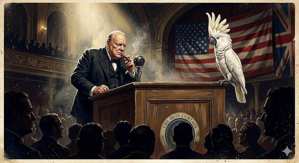 Winston Churchill Iron Curtain Speech Illustration with Cockatoo