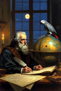 Galileo Studying the Heavens with an African Grey Companion