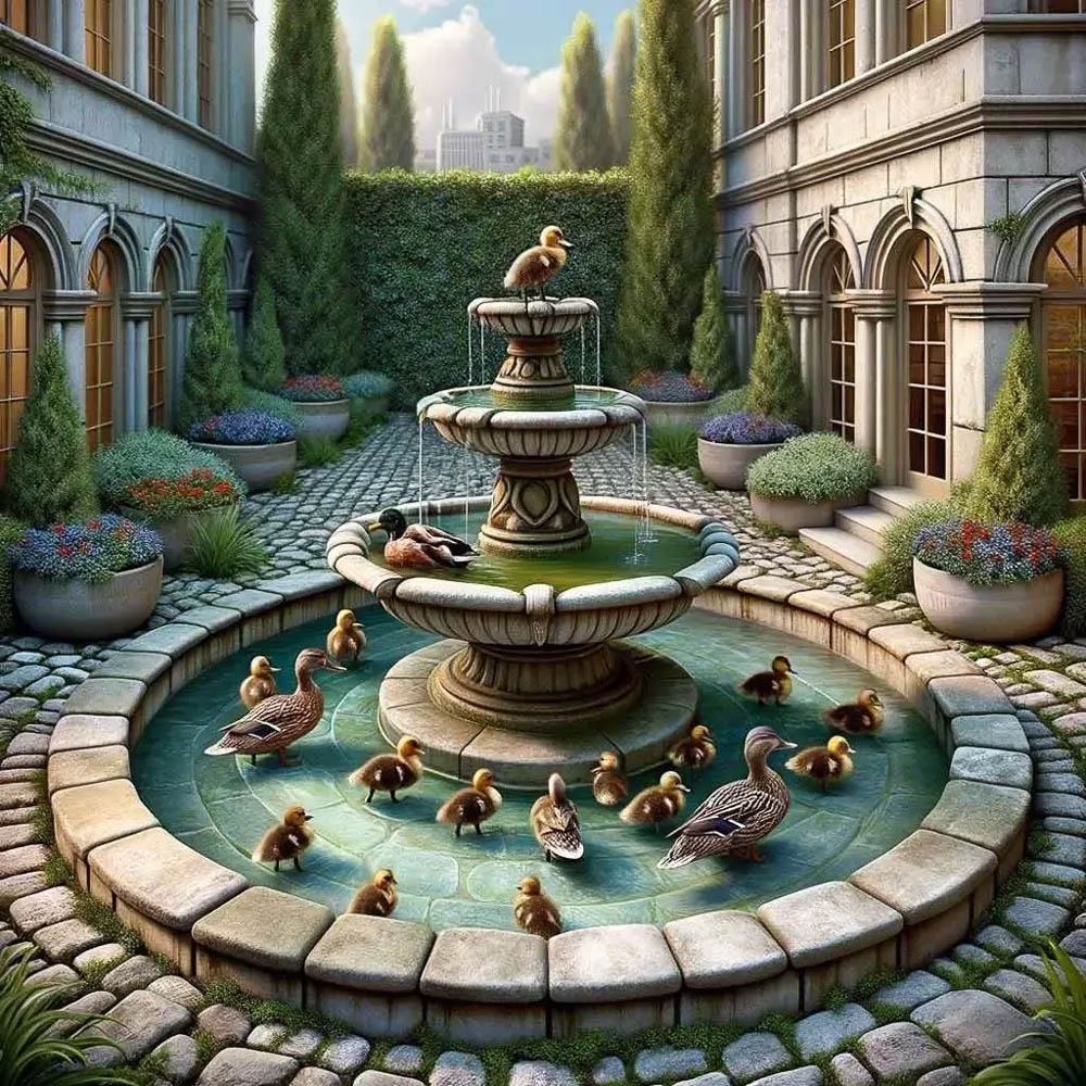 Duck Family Resting in Courtyard Fountain During Rehabilitation Duck Family Resting in Courtyard Fountain During Rehabilitation