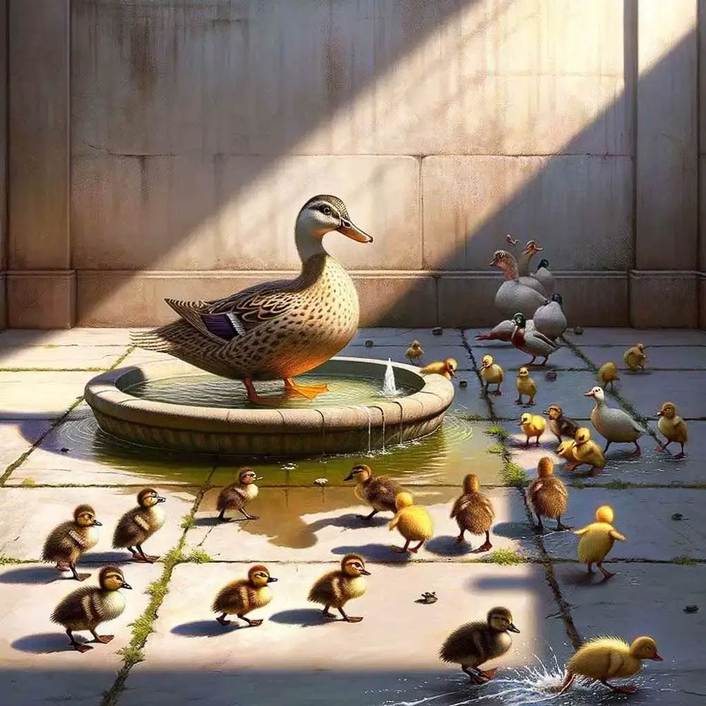 Mallard Duck and Ducklings Exploring Shallow Water Feature Mallard Duck and Ducklings Exploring Shallow Water Feature