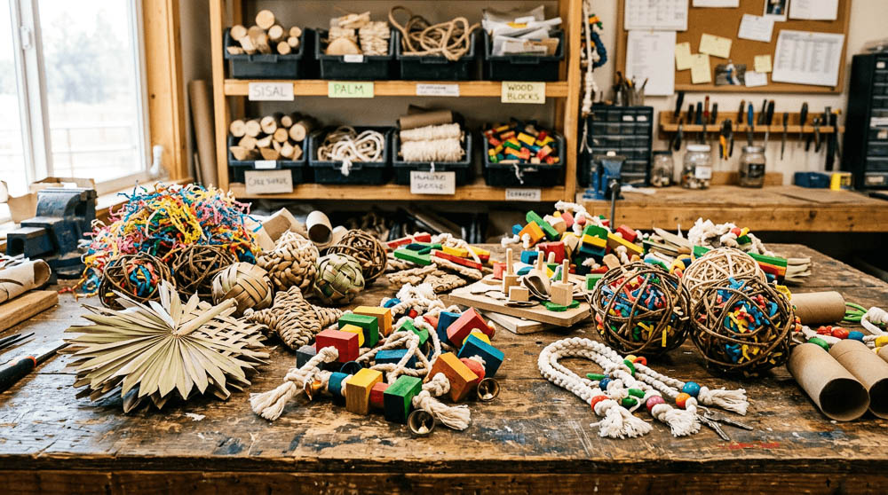 Workbench Covered With Handmade Parrot Toy Materials and Components
