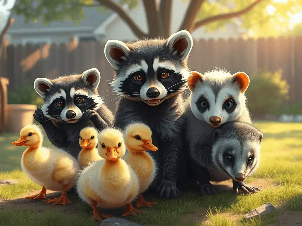 Wildlife Rescue Family Featuring Raccoons, Ducklings, and Opossum