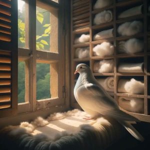 Pigeon Resting by Window in Soft Nesting Room Illustration Pigeon Resting by Window in Soft Nesting Room Illustration
