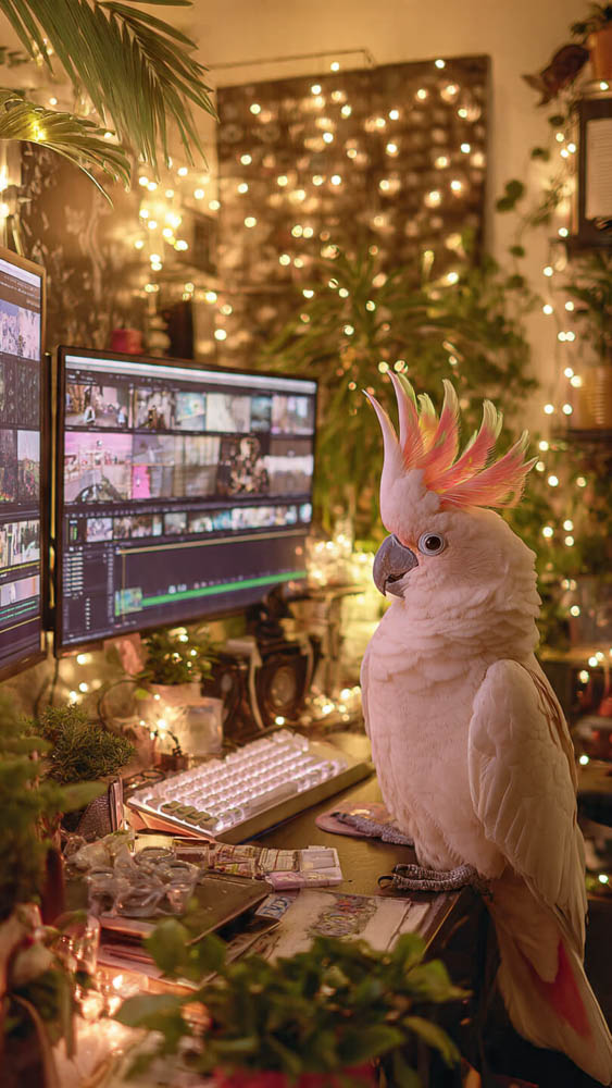 AI content creator engine editing desk setup with multiple creative monitors