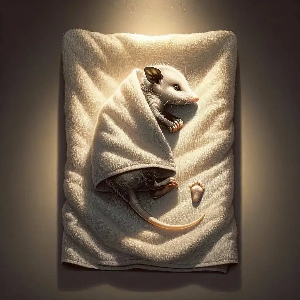 Baby Opossum Memorial | Wildlife Rescue Tribute Image Baby opossum wrapped in a towel with a small pawprint beside it