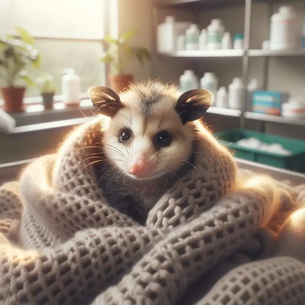Rescued Baby Opossum in Wildlife Rehab | Safe and Warm Baby opossum wrapped in a soft blanket inside a wildlife rehab facility