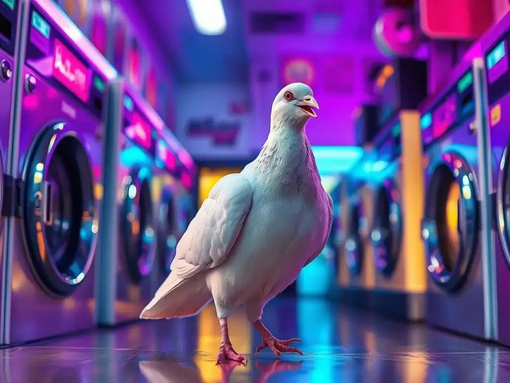 White pigeon standing on the floor of a neon lit laundromat surrounded by rows of washing machines.