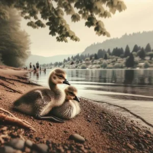 Goslings Resting Along Lakeshore at Water’s Edge Two fluffy goslings sitting together on a sandy lakeshore beside calm water with trees and distant houses in the background