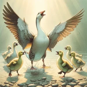 Protective Goose with Goslings, Wildlife Behavior Illustration Illustrated adult goose with wings spread standing in shallow water surrounded by several goslings