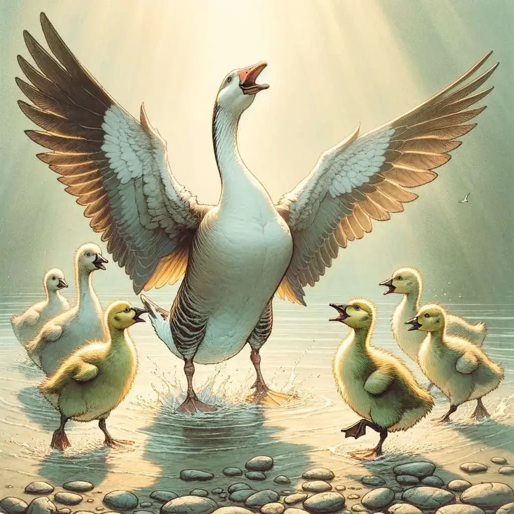 Protective Goose with Goslings, Wildlife Behavior Illustration Illustrated adult goose with wings spread standing in shallow water surrounded by several goslings