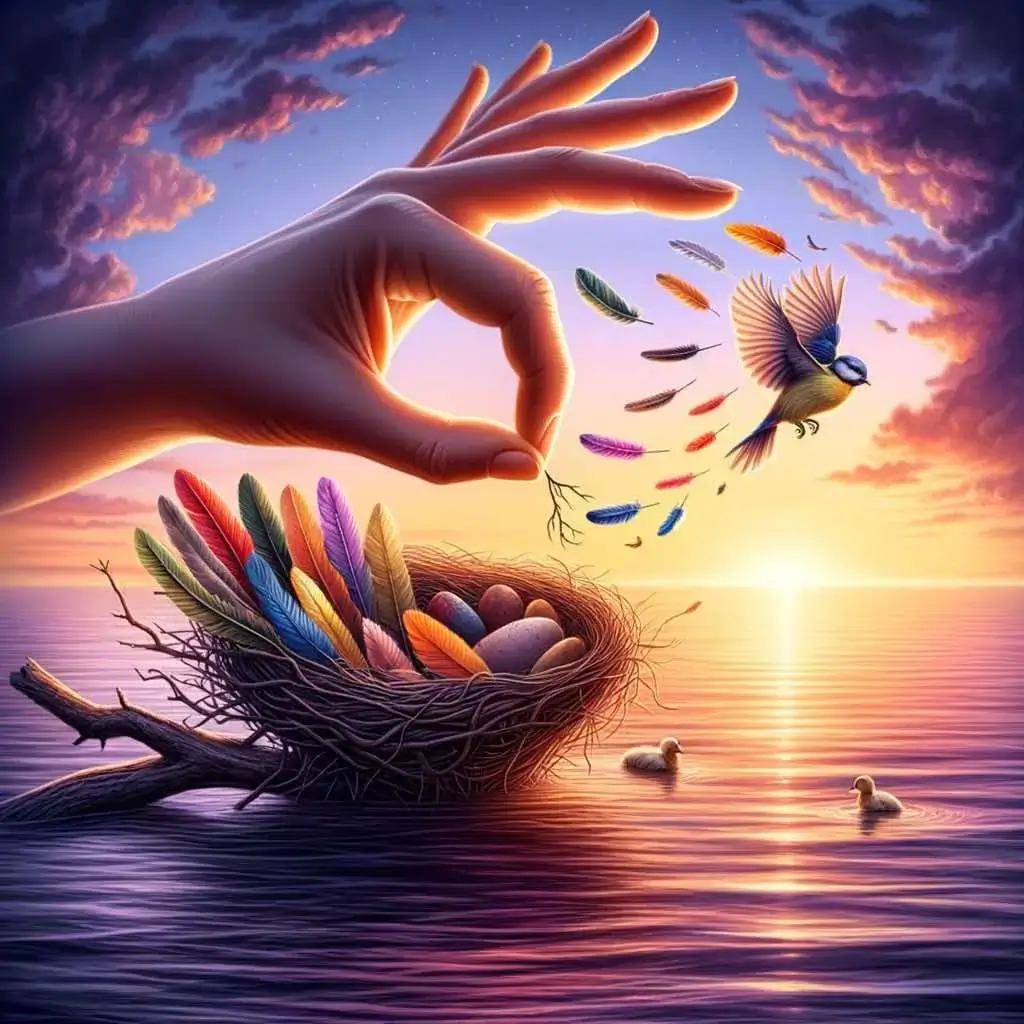 Bird Release Symbolism with Nest and Feathers at Sunset Hand releasing a small bird into a colorful sunset sky above a nest filled with eggs and bright feathers by the water