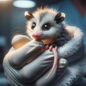 Baby Opossum in Gloved Hand Conceptual Image Stylized image of a baby opossum being held in a gloved hand with soft lighting and detailed fur.