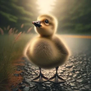 Fluffy Duckling Standing on Forest Path Portrait Close-up of a fluffy yellow duckling standing on a paved forest path with soft sunlight in the background