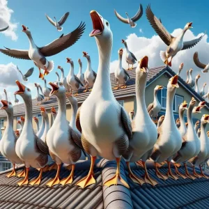 Flock of Geese Gathering on Rooftop Urban Wildlife Scene Large group of geese standing and honking on a house rooftop with several birds flying overhead
