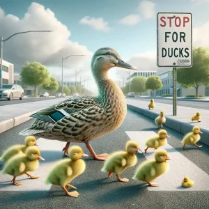 A mother duck walking across a crosswalk with several ducklings following behind, near a road sign that says “Stop for Ducks” in a city street setting.
