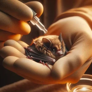 A small baby bat being held in gloved hands while a dropper is used to give it liquid during wildlife rescue care.