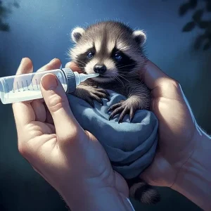 A baby raccoon wrapped in cloth being fed milk from a small bottle while held gently in human hands.
