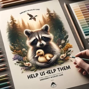 An illustrated poster showing a raccoon holding a duckling with the text “Help Us Help Them” and “Support Wildlife Care,” surrounded by forest imagery and art supplies.