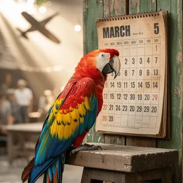 Scarlet macaw perched beside a wall calendar showing March 5 in a rustic workshop setting.