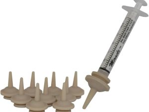 Clear feeding syringe with attached Miracle Nipple and several extra beige silicone nipples on a white background