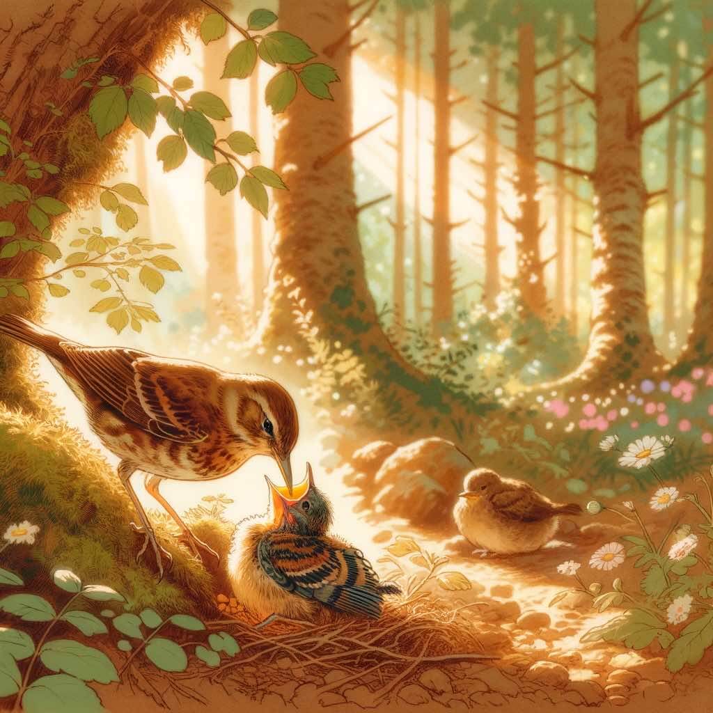 Mother Bird Feeding Baby in Peaceful Woodland Scene