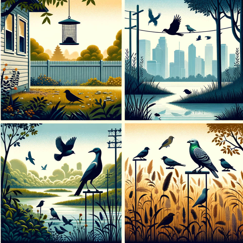 Bird Habitat Collage – Urban, Suburban, and Wild Environments for Avian Species