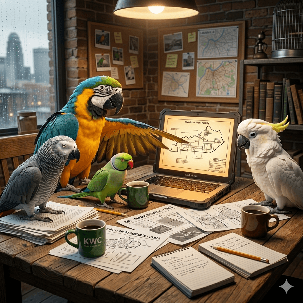 Parrot Planning Meeting with Macaw, Cockatoo, African Grey, and Ringneck