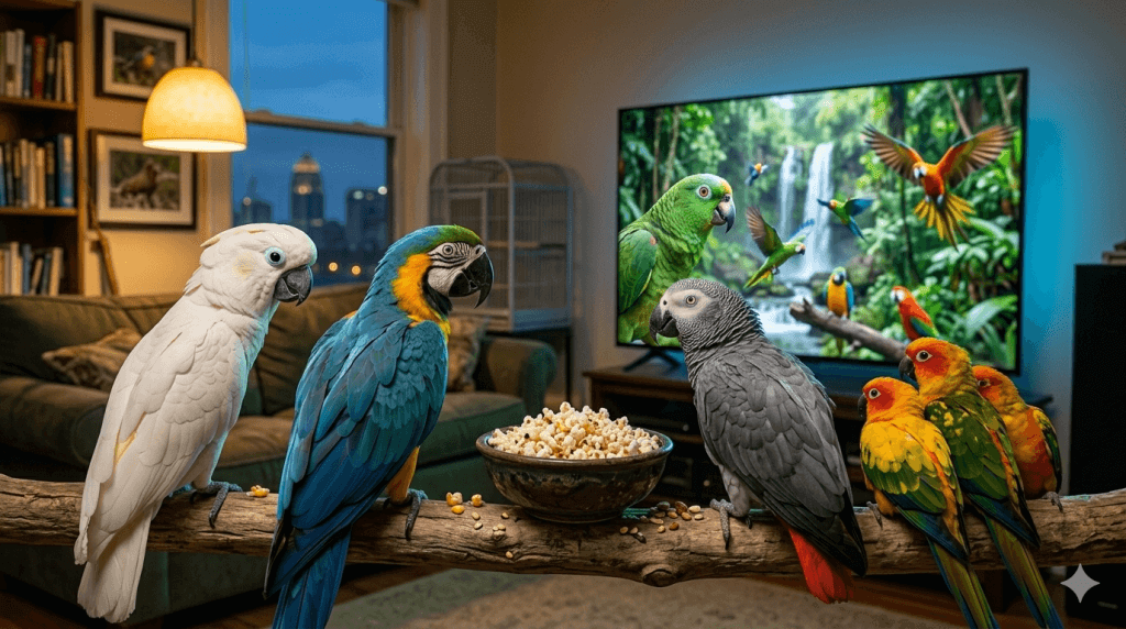AI content creator engine content review scene with parrots watching video