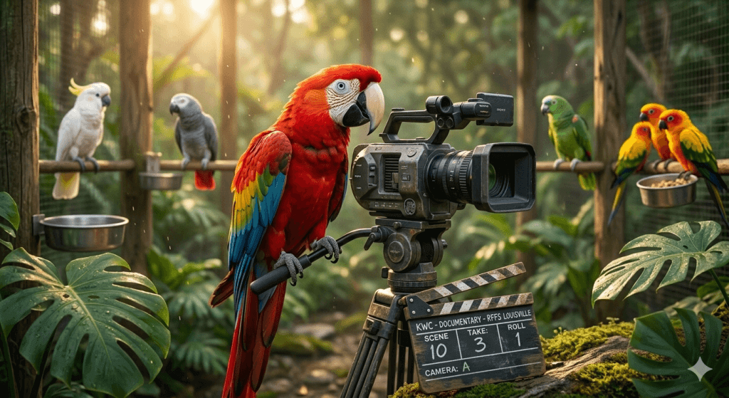 AI content creator engine video production with macaw operating camera