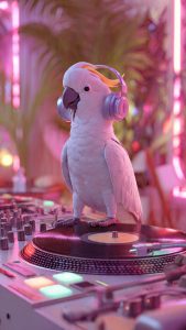 Cockatoo DJ wearing headphones creating energetic music vibe